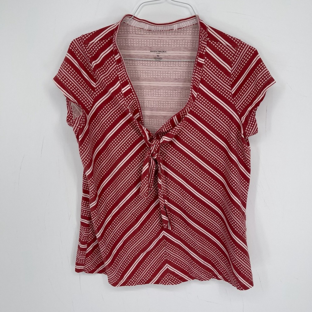 Banana Republic Women's Red Striped V-Neck Tie Front Short Sleeve Blouse Size XL